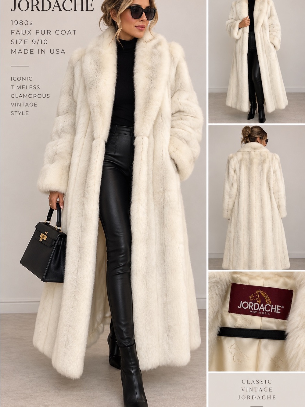 Vintage 1980s Jordache Ivory faux fur full length coat size 9/10 made in USA